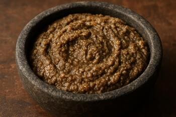 Aşgarma: köz patlıcan ve ceviz ezmesi; taş kâsede dumanlı renk