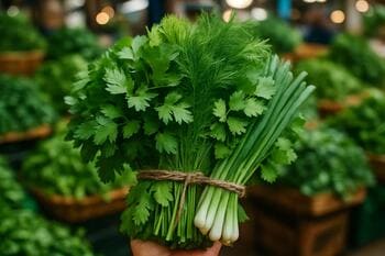 Bakü pazarından taze ot demeti; yeşilin tonları