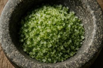 Taş havanda otlu tuz karışımı; yeşil taneler ve kristaller