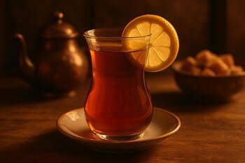 Armut bardakta çay, ince limon dilimi ve kehribar tonu