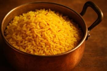 Safranlı plov: bakır kapta altın tonda parıldayan pirinç