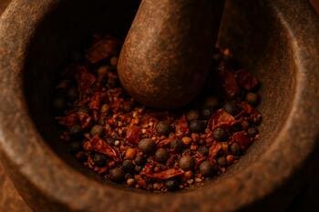 Taş havanda ezilen baharatlar: sıcak kahverengi ve kırmızı tonlar