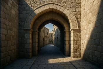 İçerişehir kapısında kemer; taş dokusu ve serin gölge