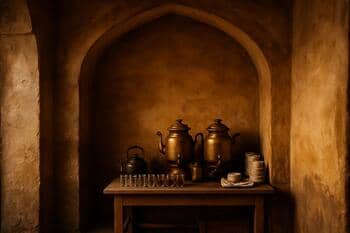 Köşe kemerinde çay tezgâhı; kehribar buhar