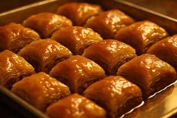 Tepside baklava; parlak şerbet yüzeyi