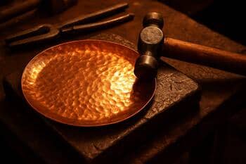 Bakır ustası tezgâhı; çekiç izleri ve parlak yansıma