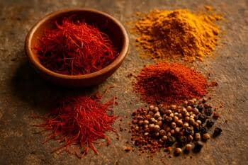 Safran ve baharat taneleri; sıcak renk