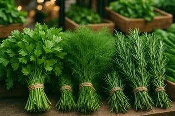 Pazar yerinde yeşil ot demetleri; taze koku