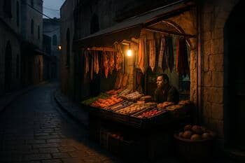 Taş sokakta akşam; küçük tezgâh