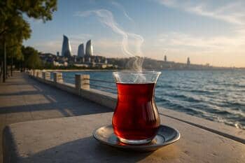 Bulvar’da ince belli bardakta çay; rüzgârla salınan buhar