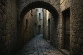 Dar taş sokakta kemerli geçit; serin gölge