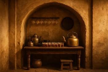 Köşe kemerinde çay tezgâhı; kehribar ton