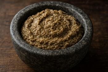 Köz patlıcan ve ceviz ezmesi: taş havanda pürüzlü doku