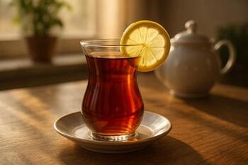 Sabah ışığında armut bardakta Azerbaycan çayı, ince dilim limon eşliğinde
