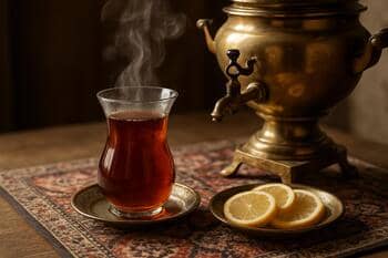 Samovarda demlenmiş çay: armut bardakta, limon eşliğinde dumanı tüten servis