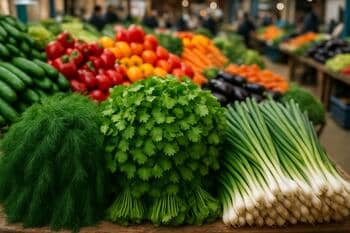 Bakü pazarında taze sebzeler ve otlar: dereotu, kişniş, taze soğan