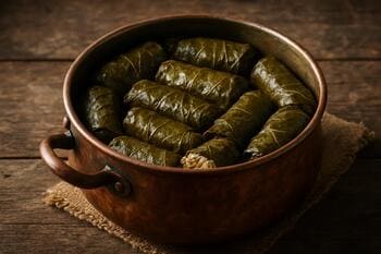 Bakü usulü dolma: üzüm yaprağına sarılı aromatik iç, bakır tencerede yavaş pişmiş
