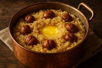 Bakır kapta kestaneli pilav: altın tonda pirinç, parlayan tereyağı