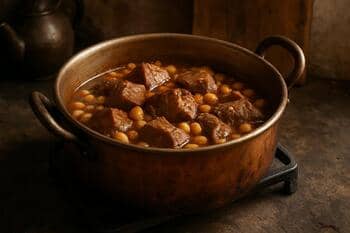 Bakır kapta yavaş pişen et ve nohut; sabırlı ısı dağılımı