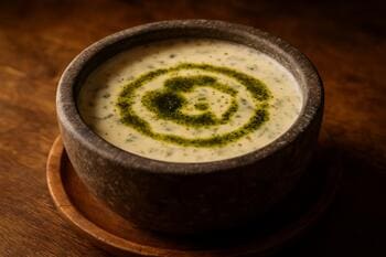 Taş kasede sıcak dovga servisi: nane yağı gezdirilmiş