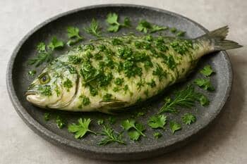 Lənkəran usulü otlarla marine balık: narin yeşil notalar, taş tabak