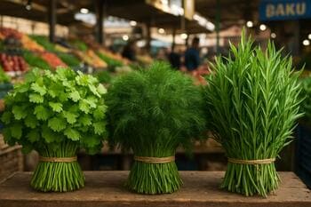 Bakü pazarında taze ot demetleri: kişniş, dereotu ve tarhun