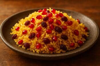 Safranlı pilav: nar taneleri ve kuru üzümle süslenmiş, taş tabakta altın sarısı görünüm