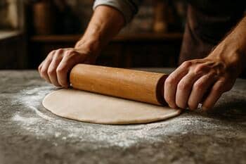 Taş tezgâhta merdane ile ince açılan hamur, un serpiştirilmiş yüzey