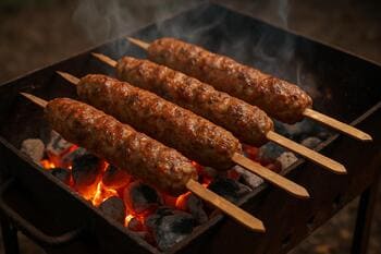 Köz üzerinde parıldayan korlar ve kuzu şişin kızarmış yüzeyi