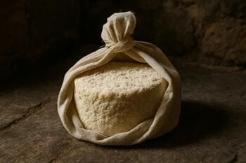 Bez içinde olgunlaşan motal peyniri, taş zemin ve gölgeli ışık