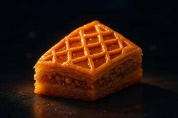 Gece ışığında parlayan Şeki baklavası dilimi, kafes desenli üst kat