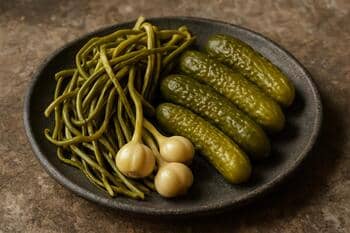 Turşu tabağı: sarımsaklı yeşiller ve küçük salatalıklar taş tabak üzerinde