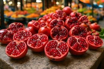 Açık pazarda yarılmış narlar: kırmızı taneler taş tezgâh üzerinde