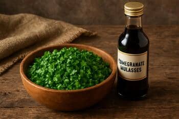 Ahşap kasede ince doğranmış taze ot karışımı ve nar ekşisi şişesi