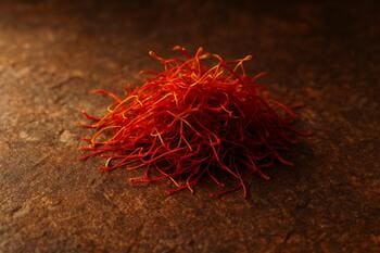 Kahverengi taş tabla üzerinde zarif safran telleri, sıcak ışıkla parlayan doku