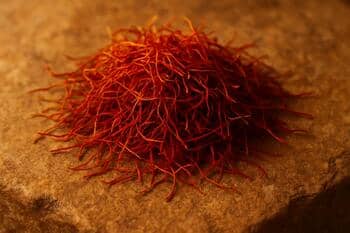 Taş yüzey üzerinde ipeksi safran telleri, sıcak altın ton