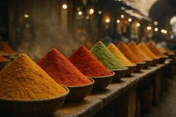 Baharat pazarı: katmanlı renkler ve ince toz bulutu, taş tezgâh