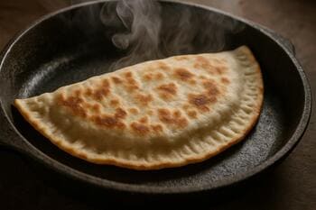 Taş tavada pişen yarım ay qutab, kenarları hafif kızarmış