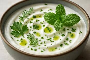 Yoğurt kasesi üzerinde taze otlar ve nane yağı damlaları